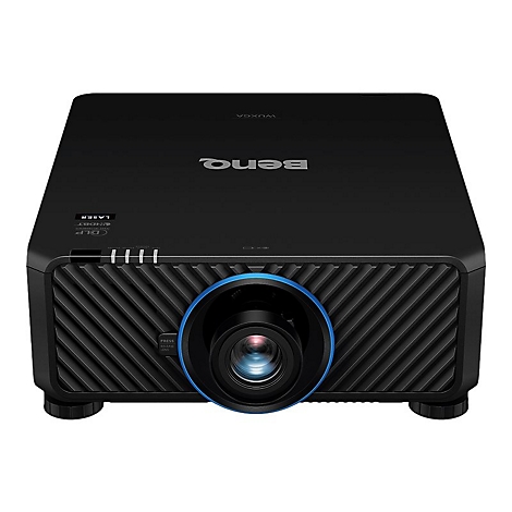 Schwarzer Projektor mit Objektiv und blauem Ring, BenQ-Logo. Laser, DLP und WUXGA Schriftzüge.