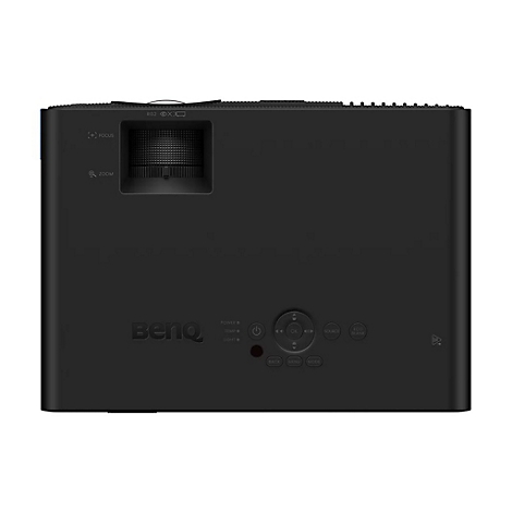 Schwarzer BenQ Projektor, Bedienelemente und Fokus-Zoom-Anpassungen oben. Knöpfe und Anzeigen darunter.