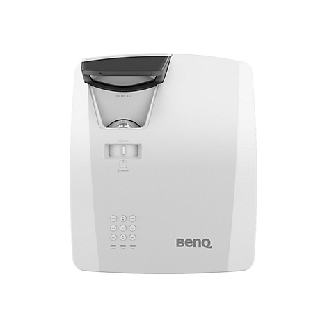 Weißer Beamer mit schwarzem Griff, Bedienelementen und BenQ-Logo. Knöpfe: Power, Quelle, Menü, Temperatur, Licht.