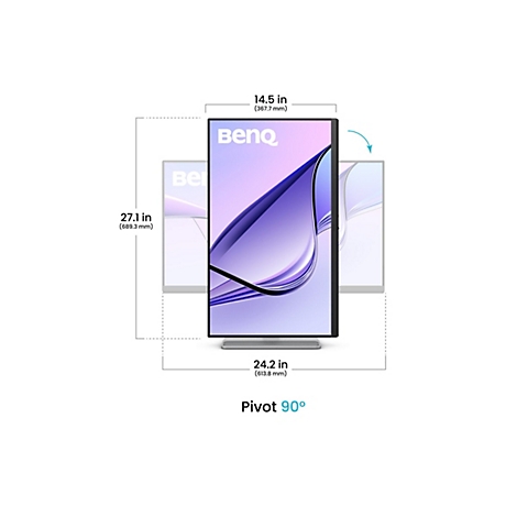 Un moniteur BenQ avec des dimensions, rotatif à 90 degrés. L'écran affiche un design abstrait violet avec le logo blanc BenQ.