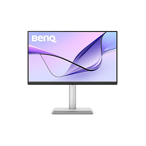 Un moniteur BenQ avec un pied argenté sur fond blanc. Le moniteur affiche un arrière-plan abstrait avec des formes violettes et bleu clair et le logo BenQ.