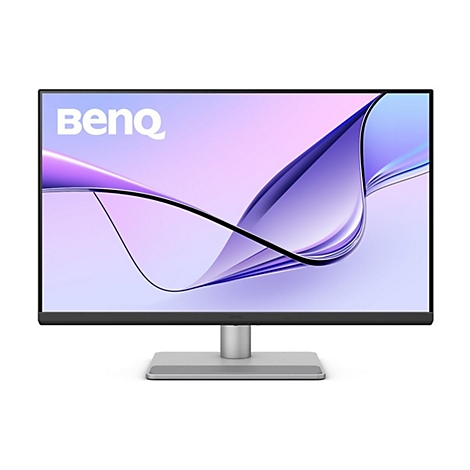 Écran plat BenQ avec support argenté et écran affichant un fond violet.