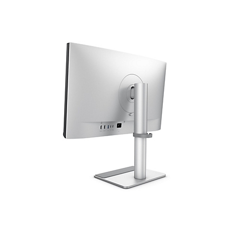 Rückseite eines silbernen Monitors. Anschlüsse und Halterung sind zu sehen.