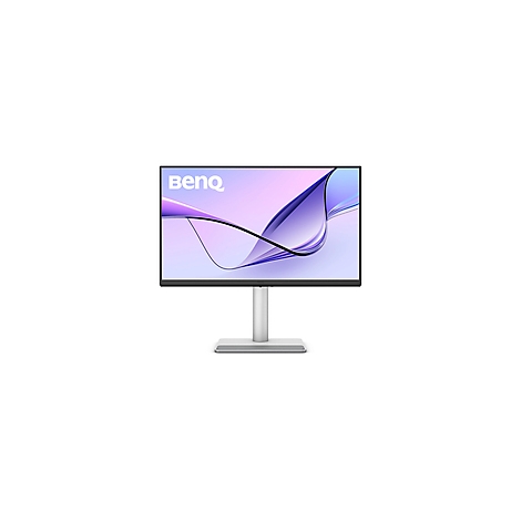 Ein BenQ-Monitor mit silbernem Rahmen und Standfuß, der Bildschirm zeigt ein abstraktes lilafarbenes Muster. Oben links das BENQ-Logo.