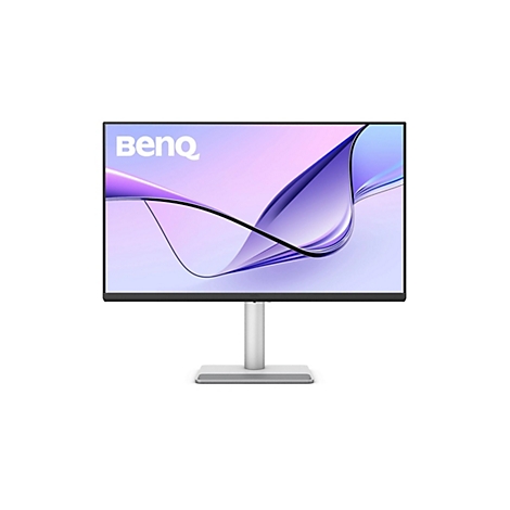 Ein BenQ-Monitor mit silberfarbenem Standfuß auf weißem Hintergrund. Der Bildschirm zeigt ein abstraktes lilafarbenes Muster und das BenQ-Logo.