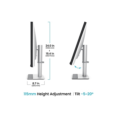Der Monitor ist von der Seite und leicht schräg abgebildet, mit Maßangaben für Höhe und Breite. Angaben zu Neigungswinkel und Höhenverstellung.