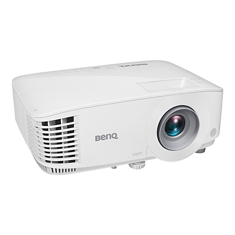 Un projecteur BenQ blanc, vu de côté. Sur le devant se trouve l'objectif et l'inscription "1080P".