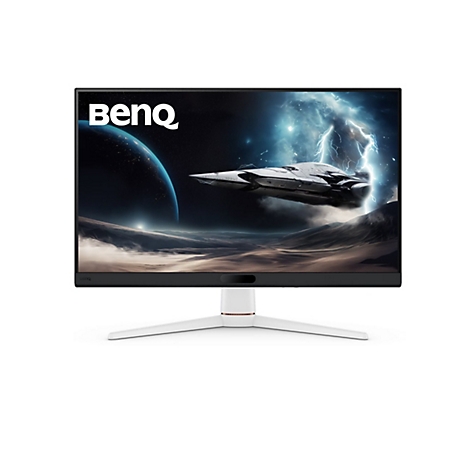 Un moniteur BenQ avec un arrière-plan spatial avec un vaisseau spatial qui vole. L'écran est supporté par un support blanc.