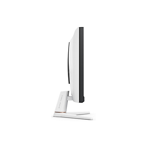 Vue latérale d'un moniteur blanc avec un cadre d'écran noir. Le support et le boîtier sont également blancs. Le support indique "PIXSOUL ENGINE".