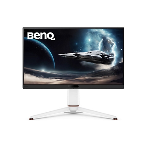 Moniteur avec affichage de vaisseau spatial, pied blanc et logo BenQ.