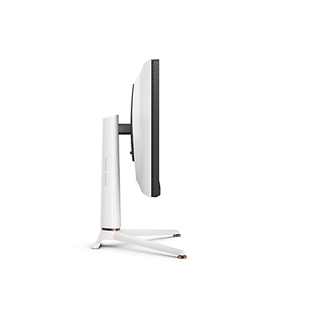 Seitenansicht eines weißen Monitors. Der Monitor ist auf einem weißen Ständer montiert, mit kupferfarbenen Akzenten an den Füßen.