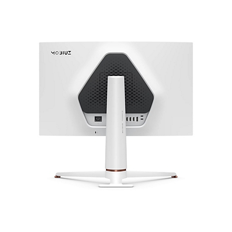 Vue arrière d'un moniteur MOBIUZ blanc. MOBIUZ est écrit en haut, en dessous une zone noire texturée avec des ports et un support blanc. Le support a des accents bronze.