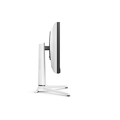 Vue latérale d'un écran de jeu blanc avec un cadre noir. L'écran est sur un support blanc avec des accents bronze. "PIXSOUL ENGINE" est écrit sur le support.