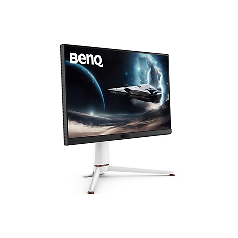 Un écran de jeu BenQ. L'écran affiche une scène de vaisseau spatial. L'écran lui-même a un cadre noir relié à une base et un support blancs.
