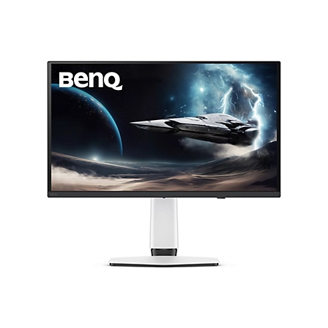 Un moniteur BenQ avec le logo BenQ affiche un thème spatial avec des vaisseaux spatiaux et des éclairs.