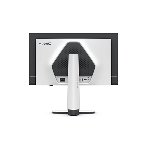 Arrière d'un moniteur blanc avec le logo MOBIUZ, des éléments noirs et un support. Les ports sont visibles. "pixsoul engine" est écrit sur le support.