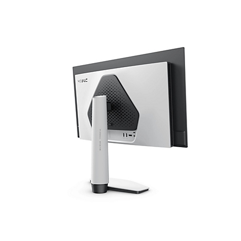 Ein weißer Monitor von hinten, der auf einem weißen Ständer steht, mit schwarzen Akzenten und dem Mobius-Logo.