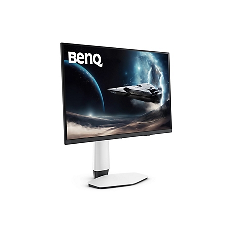 Ein BenQ-Monitor mit Weltraum-Hintergrund, auf weißem Ständer. Monitor zeigt Raumschiff und Planeten.