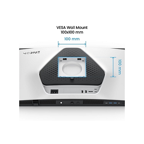 Nahaufnahme eines weißen Monitors mit VESA-Wandhalterung. Der Monitor hat schwarze und graue Akzente, blaue Pfeile zeigen die Abmessungen an.