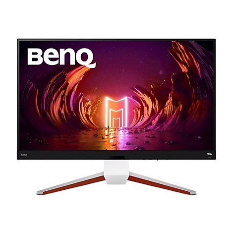 BenQ Gaming-Monitor mit dünnem Rahmen, weißem Standfuß und farbenfrohem, abstraktem Weltraum-Hintergrundbild.