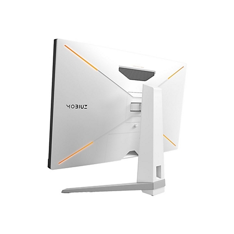 Weiße Rückansicht eines Mobius Gaming-Monitors mit orangefarbenen Lichtakzenten und modernem Ständer.