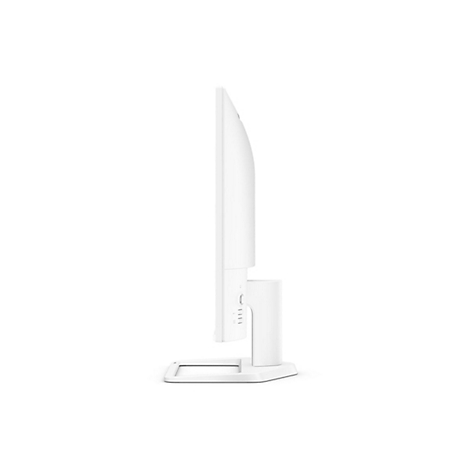Vue latérale d'un moniteur blanc. L'écran est fin, avec un cadre fin et un pied blanc.
