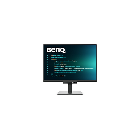 Un moniteur BenQ noir affichant du code de programmation. L'écran est placé contre un fond vert dans une pièce sombre.