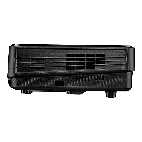 Schwarzer Projektor im Profil. Lüftungsschlitze und Füße sind deutlich zu sehen.