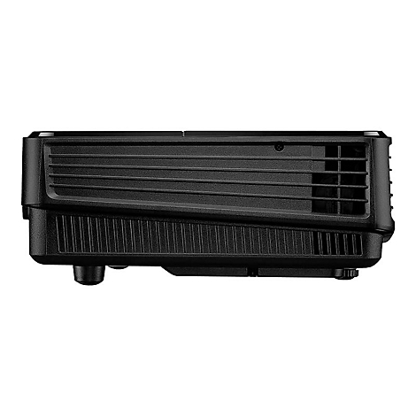 Schwarzer Projektor, Seitenansicht. Geriffelte Oberfläche, Lüftungsschlitze und Füße.