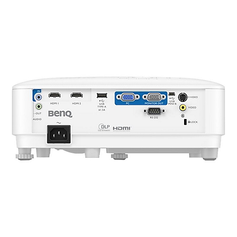 Gros plan de l'arrière d'un projecteur BenQ blanc avec divers ports: HDMI, USB, audio, vidéo.