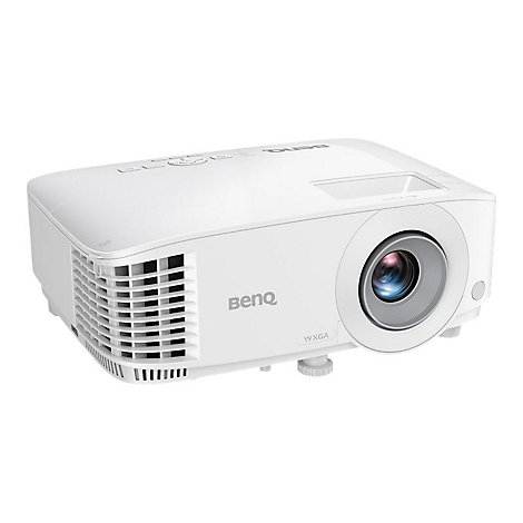 Weißer BenQ-Projektor in Frontalansicht auf weißem Hintergrund.
