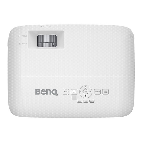 Draufsicht eines weißen BenQ Projektors mit Fokus- und Zoomrad sowie Bedienfeld auf der Oberseite.