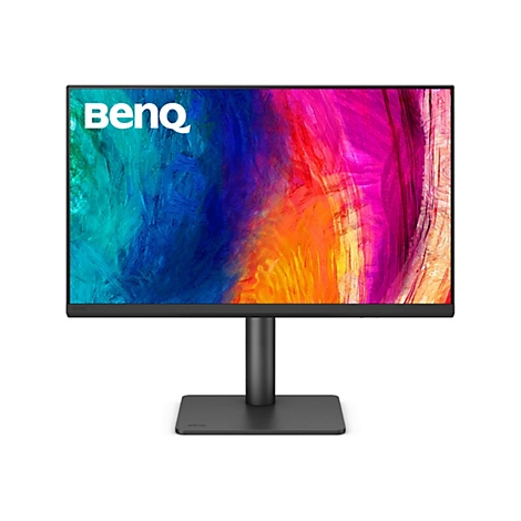 Ein BenQ-Monitor mit einem farbenfrohen abstrakten Hintergrund, der auf einem Sockel steht.