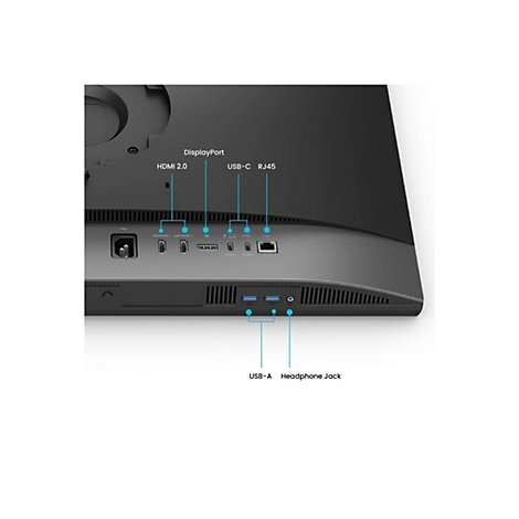 Nahaufnahme der Rückseite eines Monitors mit Anschlüssen: HDMI, USB-C, RJ45, USB-A und Kopfhöreranschluss.