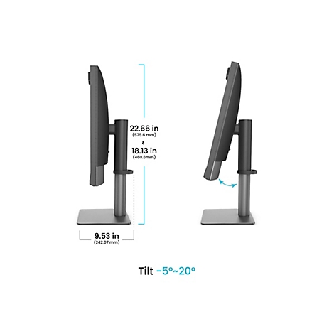 Seitenansicht eines Monitors mit verstellbarem Standfuß. Abmessungen und Neigungswinkel sind abgebildet.
