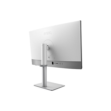 Ein weißer Monitor mit der Aufschrift „BenQ“ auf der Rückseite. Er steht auf einem silberfarbenen Ständer. Die Rückseite zeigt Anschlüsse.