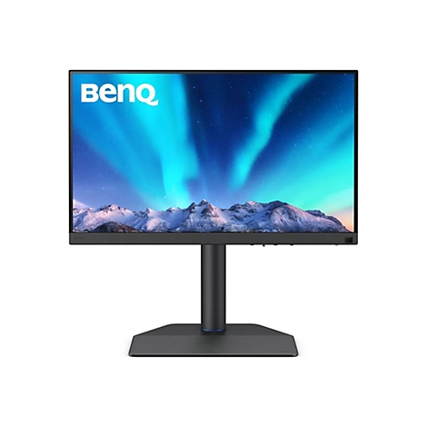 Schwarzer BenQ Monitor mit dünnem Rand und hellem Polarlicht-Display vor weißem Hintergrund.