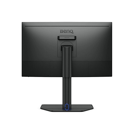 Rückseite eines schwarzen BenQ PhotoVue Monitors mit Standfuß vor weißem Hintergrund.