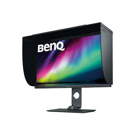 Monitor mit BenQ-Logo und Sonnenblende. Anzeige eines farbenfrohen Bildes. Schwarzer StÃ¤nder und Halterung.