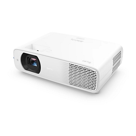 Projecteur BenQ blanc, vu d'un léger angle supérieur, avec ouverture de l'objectif et fentes de ventilation.