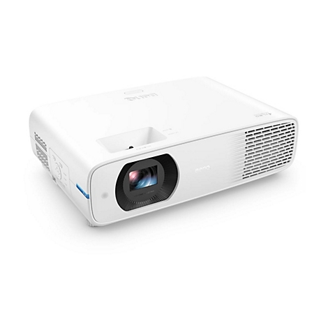Projecteur blanc vu de dessus, objectif en focus, logo BenQ.