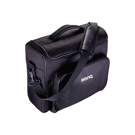 Schwarze Tragetasche mit Henkel, Schultergurt und BenQ-Logo. Auf weißem Hintergrund.