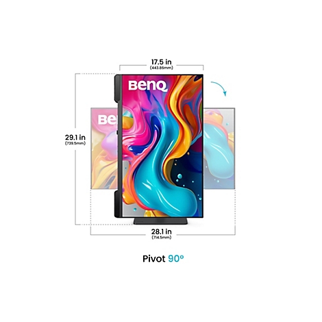 BenQ Monitor im Hochformat mit Maßangaben und Pivot-Funktion dargestellt.