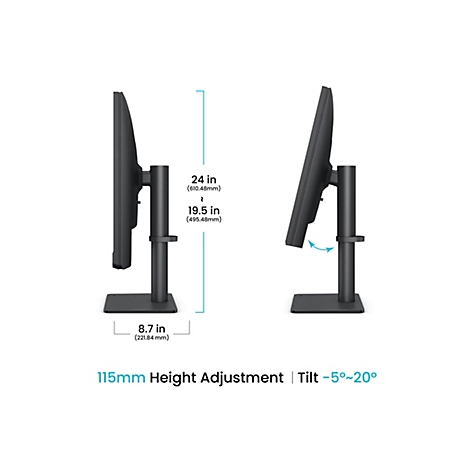 Seitenansicht eines Monitors mit Maßangaben zur Höhenverstellung von 115mm und Neigungswinkel von minus 5 bis 20 Grad.