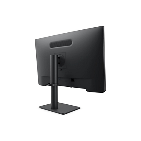 Rückansicht eines schwarzen Computermonitors mit Standfuß und sichtbaren Anschlüssen vor weißem Hintergrund.