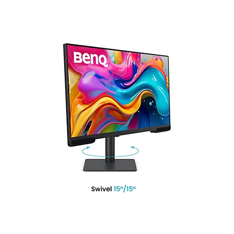 Ein schwarzer BenQ Monitor zeigt ein buntes abstraktes Bild, darunter ein blauer Pfeil der die 15-Grad-Schwenkfunktion visualisiert.