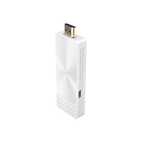 Ein weißer HDMI-Streaming-Stick mit einem goldenen Stecker vor weißem Hintergrund.