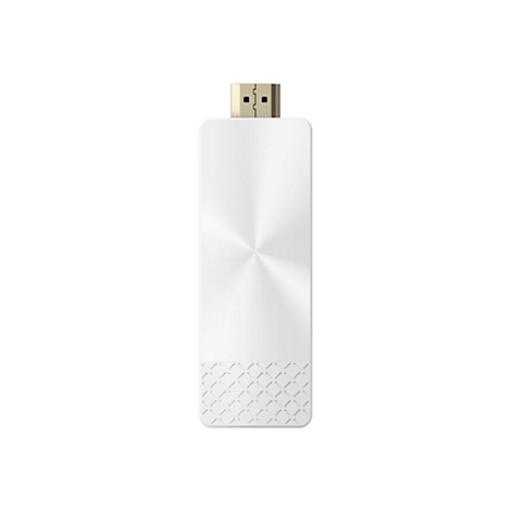 Ein weißer HDMI-Streaming-Stick mit metallischem Glanz und einem gemusterten unteren Ende vor weißem Hintergrund.