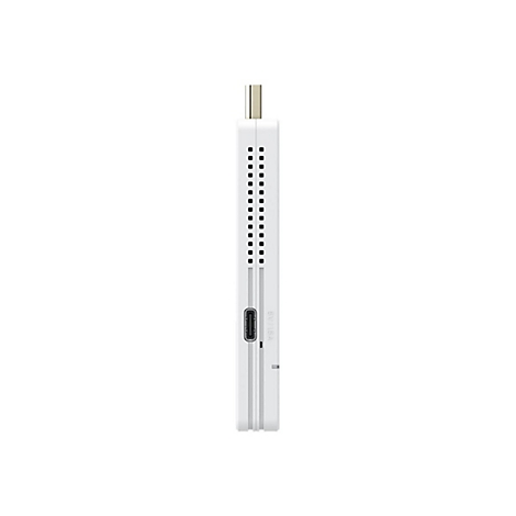 Seitenansicht eines weißen Streaming-Sticks mit USB-C-Anschluss und Belüftungsschlitzen vor weißem Hintergrund.