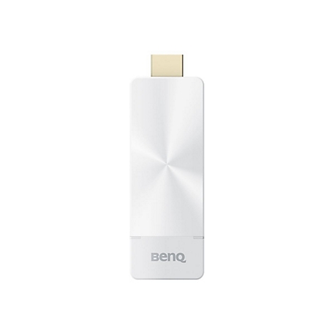 Ein weißer BenQ Streaming-Stick mit goldenem HDMI-Anschluss vor neutralem Hintergrund.